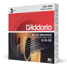 Corde per chitarra acustica D'Addario 80/20 Bronze EJ12-3D calibro medio 13-56 Set da 6 corde, confezione da 3