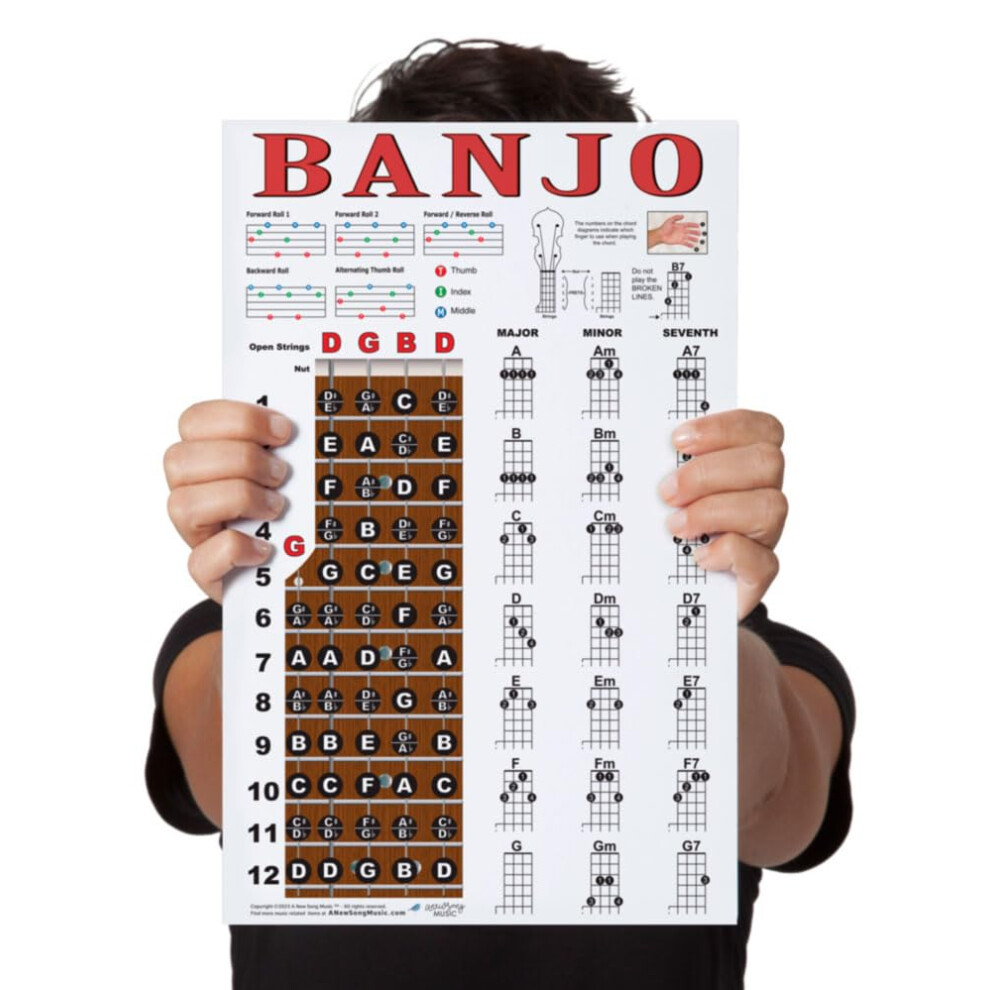 A New Song Music Laminated Banjo Poster - Chords Rolls Fretboard Notes - Open G Tuning 11X17 Easy Beginner Instructional Chart By