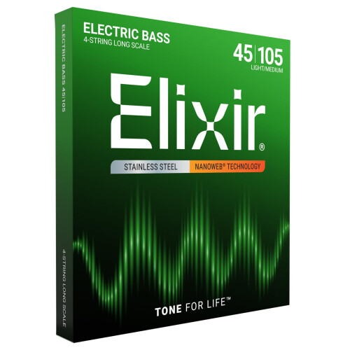 Elixir .045 - .105 Bass 4 String Medium Long Scale Stainless Steel Nanoweb Guitar Strings