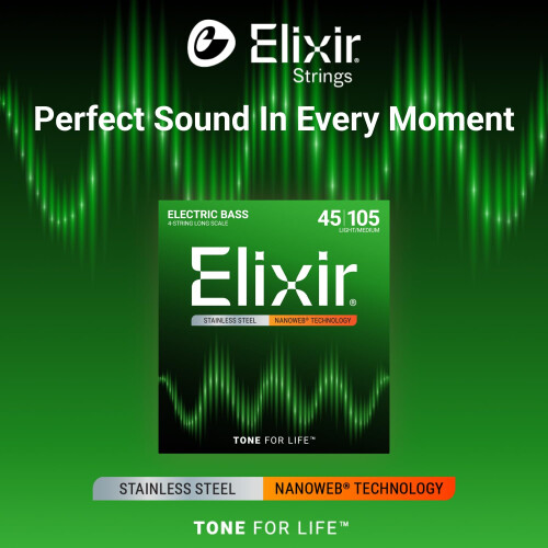 Elixir .045 - .105 Bass 4 String Medium Long Scale Stainless Steel Nanoweb Guitar Strings 1