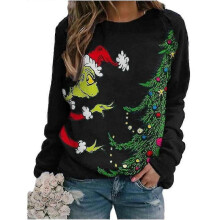 (L, Black) Women The Grinch Printed Sweatshirt Crew Neck Christmas Casual Loose Pullover Jumper Tops