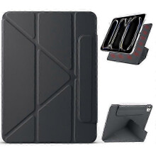 (Black) Compatible For iPad Pro 11 (2024) Case PC + PU Leather Origami Stand Magnetic Tablet Cover