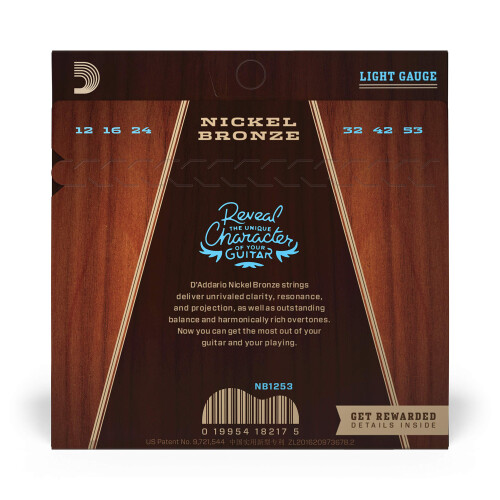 D'Addario NB1253 Nickel Bronze Acoustic Guitar Strings, Light 1