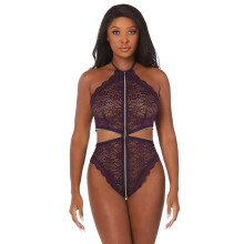 Dreamgirl - Teddy da donna con cerniera in pizzo elasticizzato e cavezza con bordo smerlato, melanzana, taglia unica