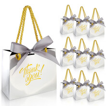 EQOREIIN 30 Pack Small Thank You Gift Bags with Handles 5.5 x 2.4 x 4.7 Inches Mini Silver Gift Bags with Bow Ribbon Tiny Party Favor Bag Bulk for Gr
