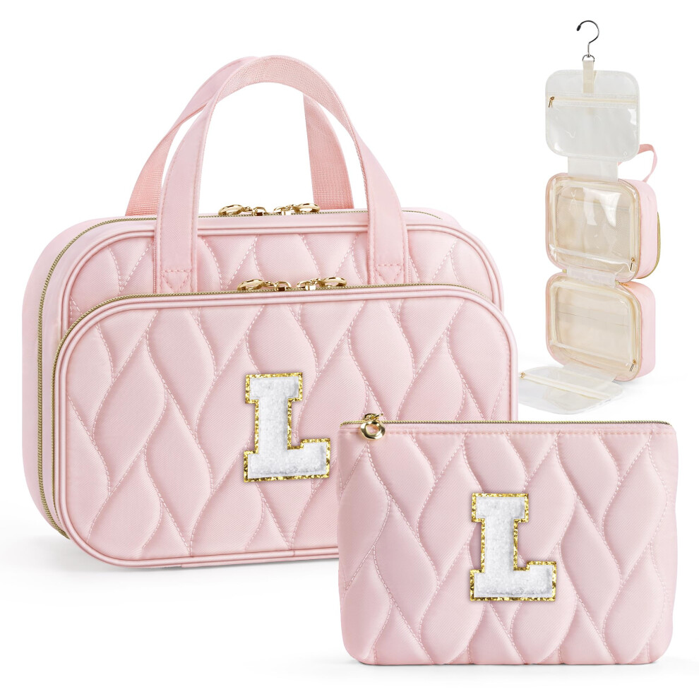 Yoolife Pink Toiletry Bag Initial Makeup Bag For Women - Birthday Gifts For Women Teen Girl Gifts Trendy Stuff - Letter L