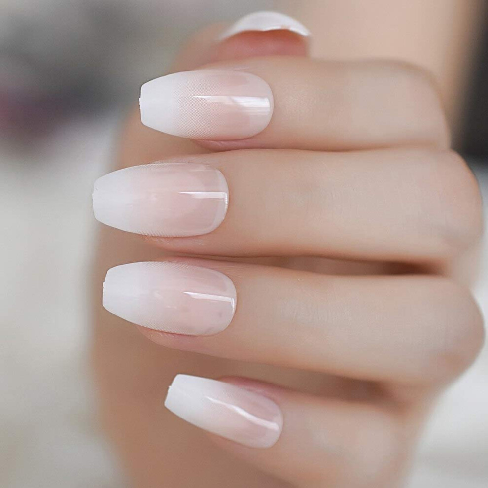Coolnail Pink,White,Cream Pink Nude White Ombre French Ballerina Coffin False Nails Gradient Natural Manicure Press On Fake Nails Tips Daily Office Finger Wear