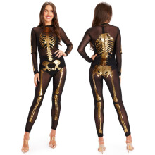 Bedugget alver Formtilpasning og flatterende skelet bodysuit til Halloween - Sexet skelet kostume til kvinder - guld pailletter mesh bodysuit st?