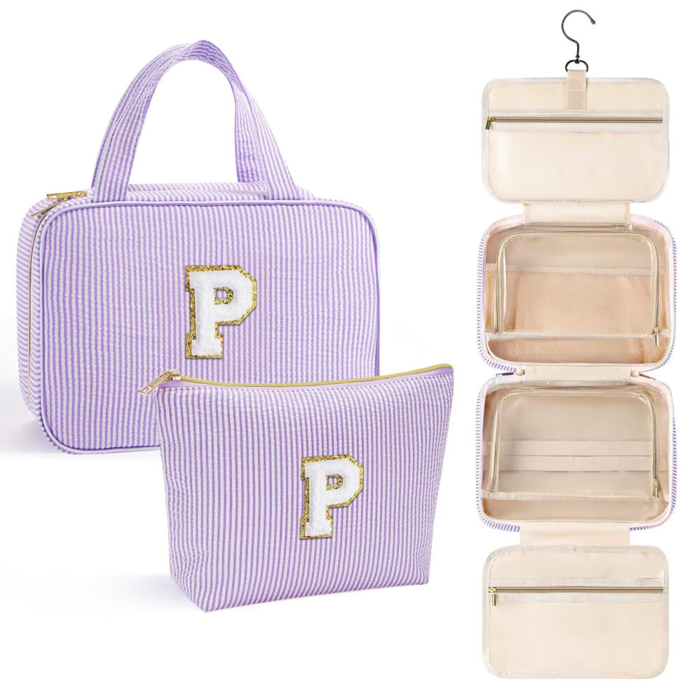 Yoolife Hanging Toiletry Bag For Women - Travel Toiletry Bag Makeup Bag Portable Toiletries Cosmetic Bag Airplane Travel Essentials - Letter P Pur
