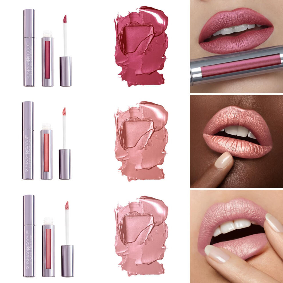 Runway Rogue Silk Glam Liquid Lipstick Lip Trio Long Wear Frosted Liquid Lipstick Pack (First Class Jet Set Trophy Wife)