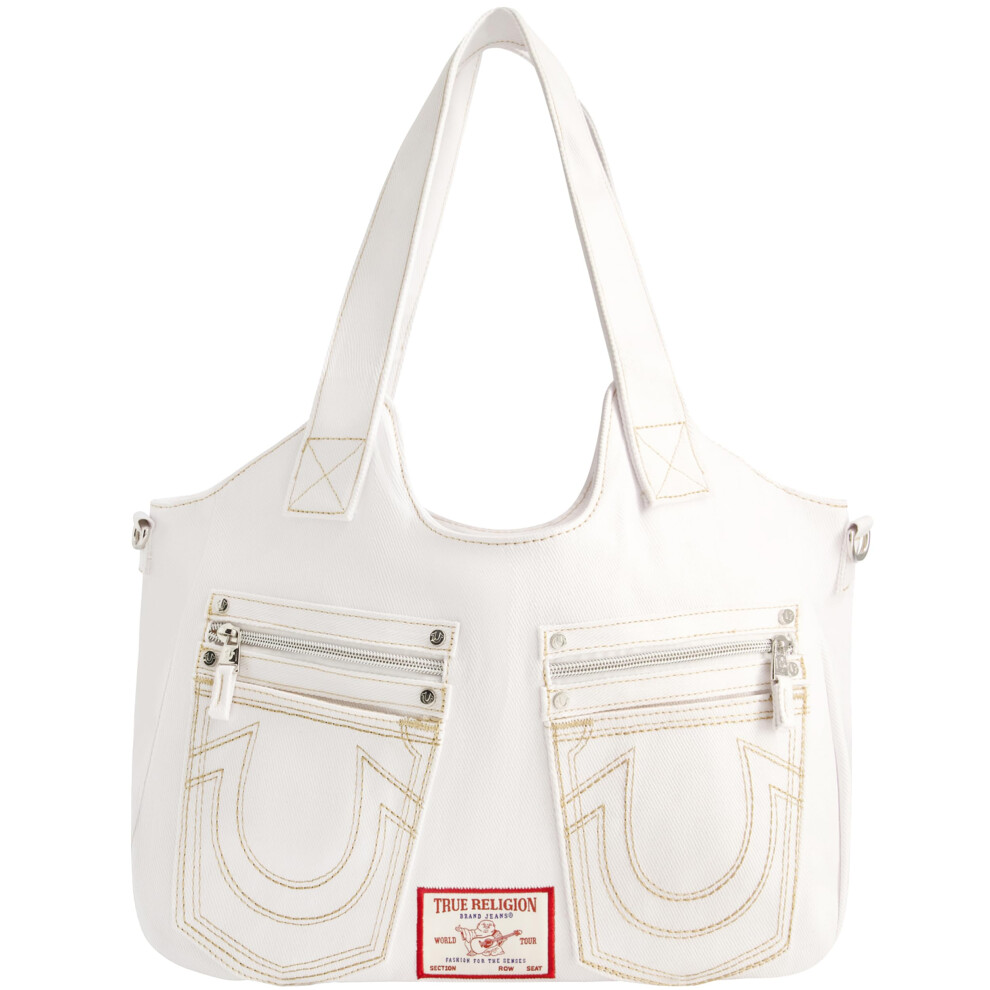 True Religion Women's Satchel Bag Crossbody Purse Handbag With Horseshoe Logo Stitching White