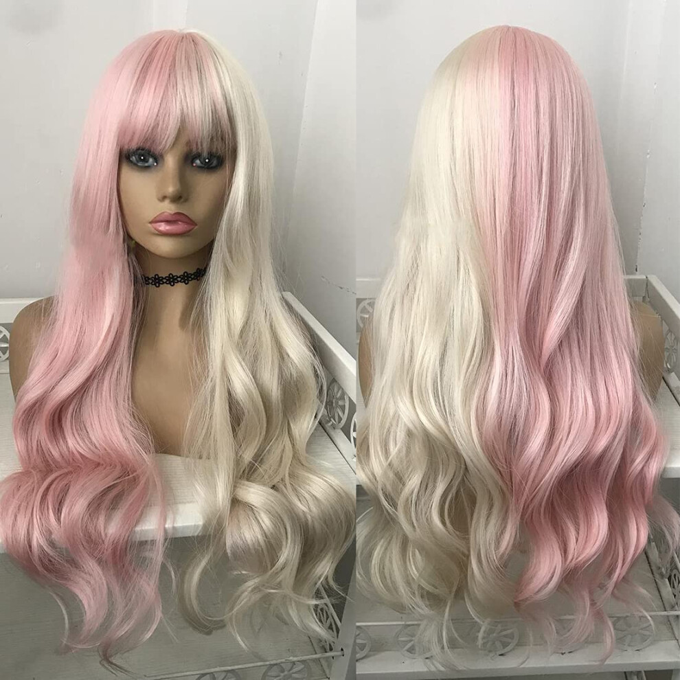 Wiwige Unisex Pink Blonde Wig Long Curly Wavy Split Wig With Bangs Synthetic Party Cosplay Hair Wigs (Half Blonde Half )