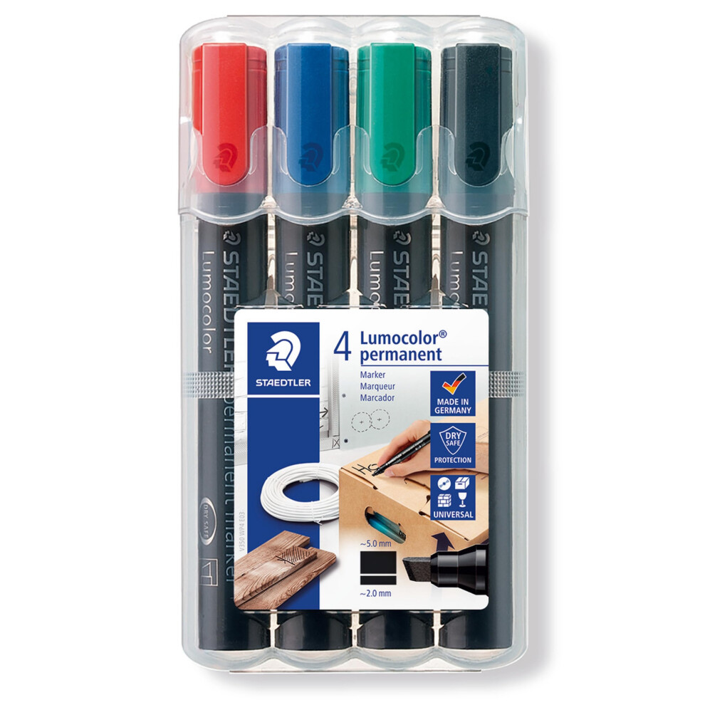 Staedtler Lumocolor Permanent Marker 350 Wp4 Chisel Tip - Assorted Colours (Pack Of 4)