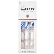 KISS imPRESS No Glue Mani 30 Stück Press-On Nägel, Weiße Nägel mit Glitzer, Blaues Tie-Dye, Mittlere Größe