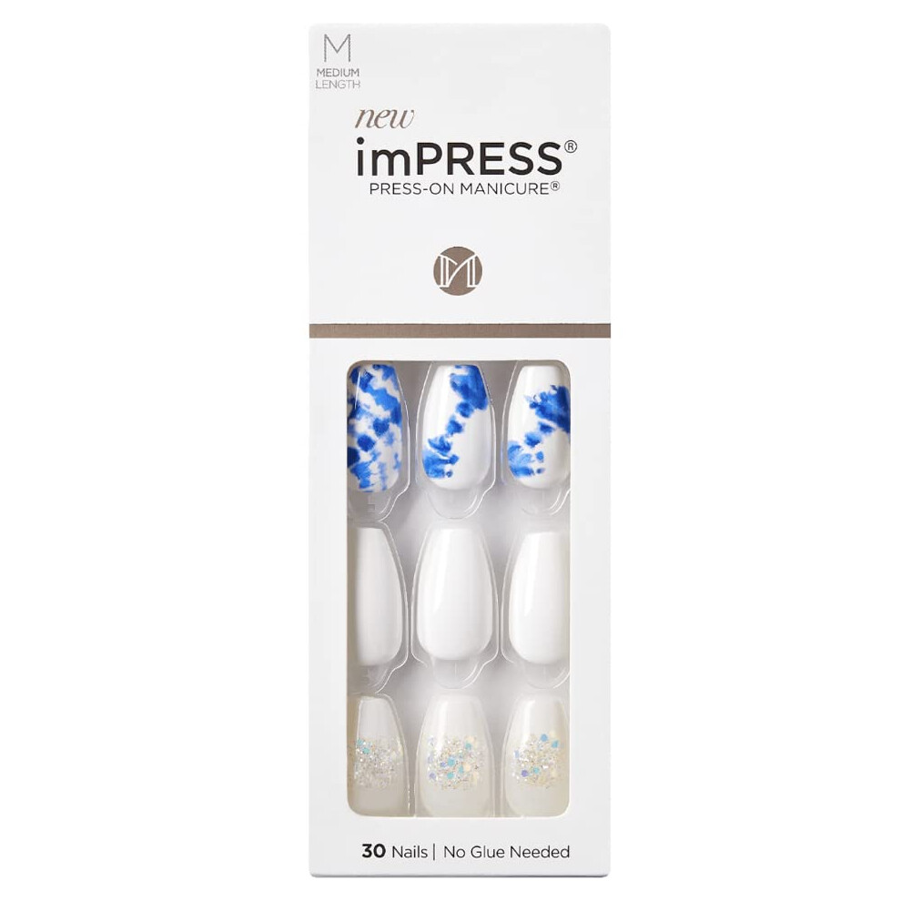Kiss Blue,White Impress No Glue Mani 30 Pcs Press On Nails White Nails With Glitter Blue Tie-Dye Design Medium Size Coffin Shape Simple Peel & Press Easy Ap