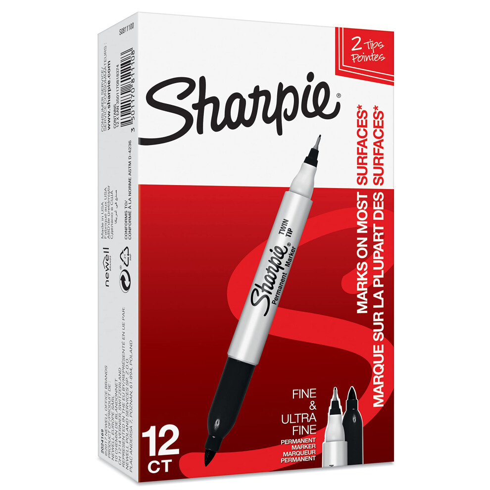Sharpie S0811100 Twin Tip Permanent Markers, Black, Box of 12