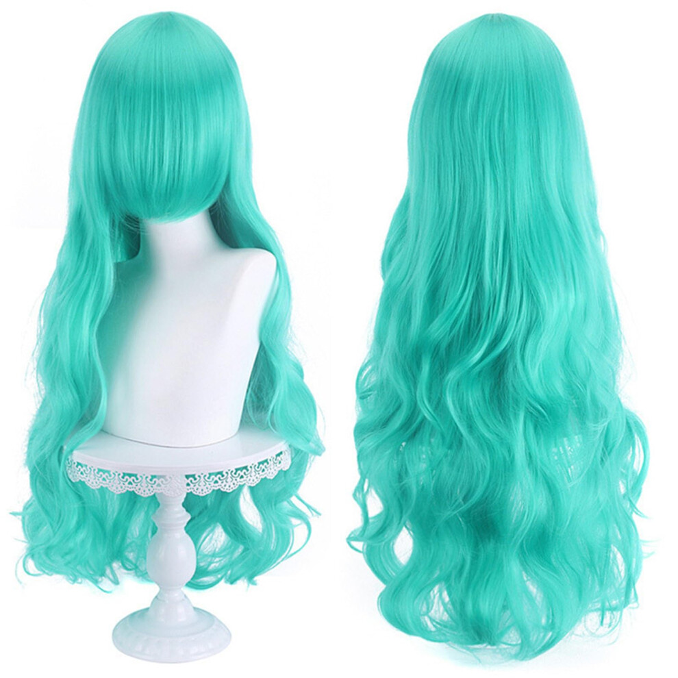 Unisex Green 31.5" 80Cm Long Wavy Hair Wig With Bangs For Womens,Natural Wavy Curly Cosplay Wigs For Cosplay Costume Party Halloween Daily Wig Use (Mint )