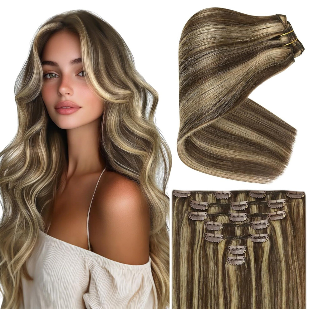Ve Sunny Unisex Brown Clip In Hair Extensions Real Human Hair Clip In Hair Extensions Highlights Human Hair Clip In Extensions Dark With Caramel Blonde