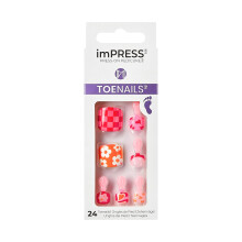 KISS IMPRESS No Glue Pedi Painettavat varpaankynnet Summer Retro Hot Pink & Orange Flower & Heart French Tip Squoval Shape Sislt 24 kynsi valmist