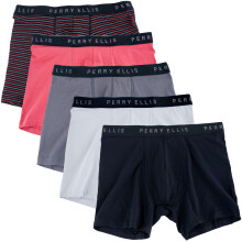 Perry Ellis Boxer da uomo in cotone elasticizzato senza etichetta, senza arrotolamento, confezione da 5, ferro/grigio nuvola/bacca merlot/bacca a