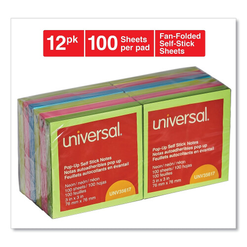 Universal Notas Autoadesivas Pop-Up Neon 3 in. x 3 in. - Diversas Cores (12/Pack) 1