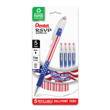 Pentel RSVP-balpen (0,7 mm) Fine Line Flag Barrel zwarte inkt, 5 stuks