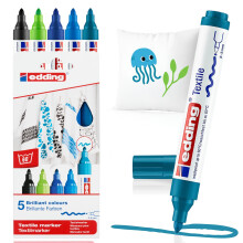 edding 4500 Textilmarker - Schwarz 3x Blaugrn - 5 Stifte - Rundspitze 2-3 mm - Permanente Stoffmarker zum Zeichnen auf Textilien, waschbestndig