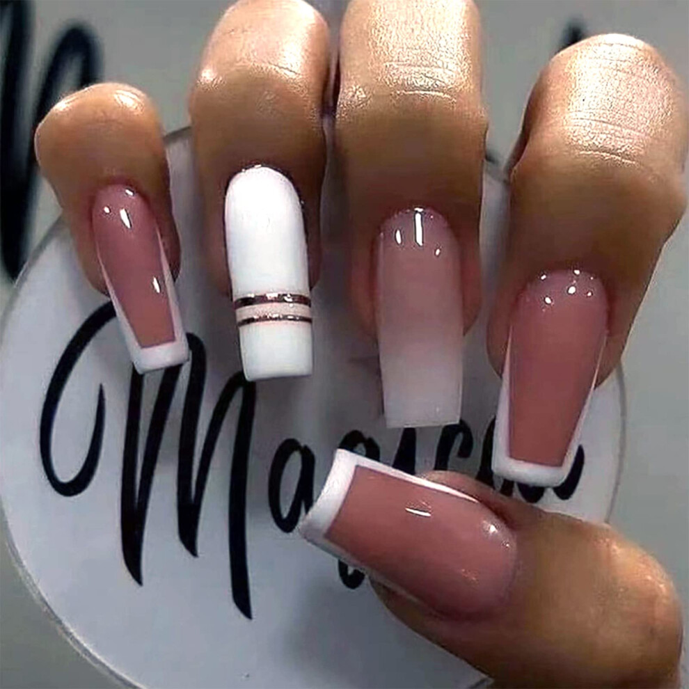 Sinhot White,Gold Medium Coffin Press On Nails Ballerina Fake Nails Glossy Glue On Nails Gold Line Acrylic Nails With White Gradient False Nails Designs 24 Pcs