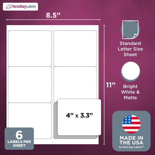NextDayLabels - Λευκές Ετικέτες Laser/Ink Jet (4" x 3-1/3" - 6 ανά Σελίδα | 150 Ετικέτες) 1