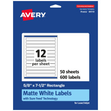 Etichette rettangolari bianche opache Avery con alimentazione sicura 600 etichette bianche da 5/8"" x 7,5"" Etichette adesive permanenti con stampa