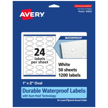 Avery Etichette ovali impermeabili durevoli con alimentazione sicura 1"""" x 2"""" 1.200 Etichette impermeabili resistenti all'olio e allo strappo Et