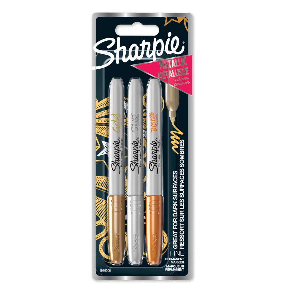 Sharpie Permanent Markers, Fine Tip - Assorted Metallic Colours, Pack of 3