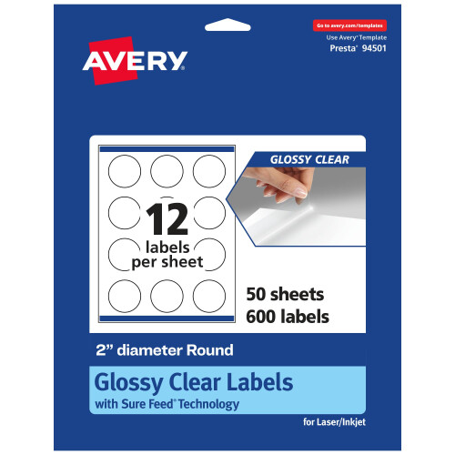 Avery Glossy Clear Round Labels, 2" Diameter, 600 Labels, Laser/Inkjet Printable