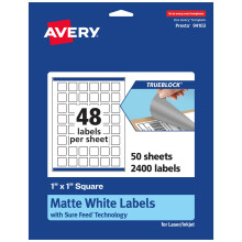 Etichette quadrate Avery TrueBlock bianco opaco con alimentazione sicura 1"" x 1"""" 2.400 conteggi Stampa fino al bordo Stampabile con laser/getto