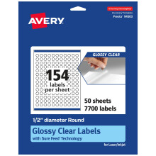 Avery glanzende, heldere ronde etiketten met Sure Feed, diameter 0,5 inch, 7.700 stuks, printbaar tot aan de rand, laser-/inkjetprintbaar
