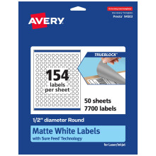 Etichette rotonde Avery TrueBlock bianco opaco con alimentazione sicura, diametro 0,5"", 7.700 conteggi, stampa fino al bordo, stampabile con lase