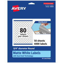 Etichette rotonde Avery TrueBlock bianco opaco - Diametro 0,75"" 4.000 etichette Stampabili fino al bordo tramite laser/getto d'inchiostro Ottime