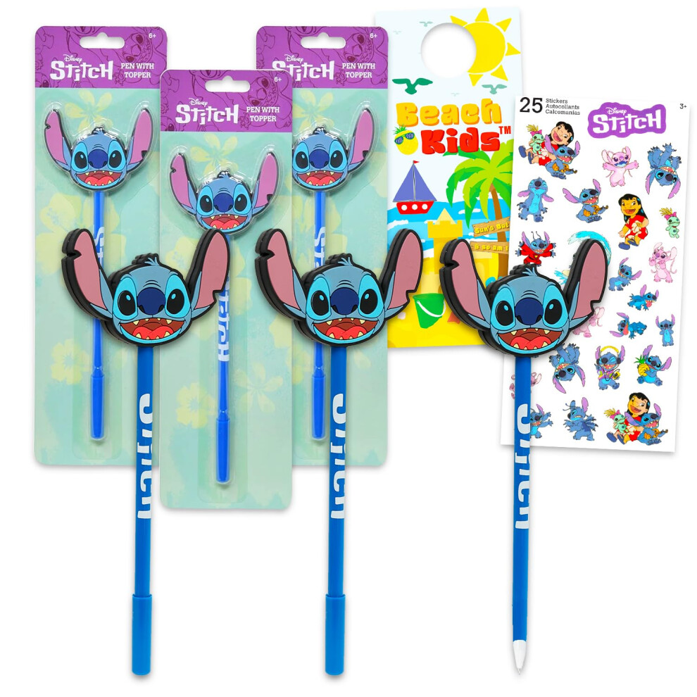 Disney Stitch Pens Set - Bundle With 3 Ballpoint Pens With Stitch Head Topper Plus Stickers And More Lilo And Stitch Office Supplies Pack