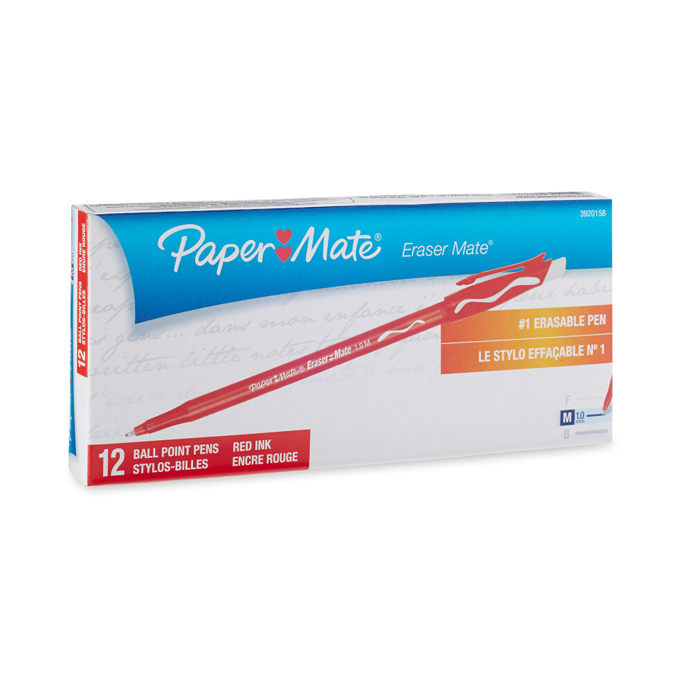 Paper Mate 3920158 Eraser Mate Ballpoint Stick Erasable Pen  Red Ink  Medium  Dozen