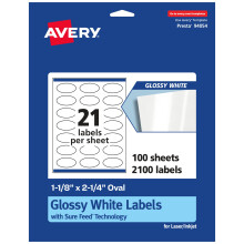 Etichette ovali bianche lucide Avery con alimentazione sicura 1-1/8"" x 2-1/4"""" 2.100 etichette bianche lucide Etichette adesive permanenti con st