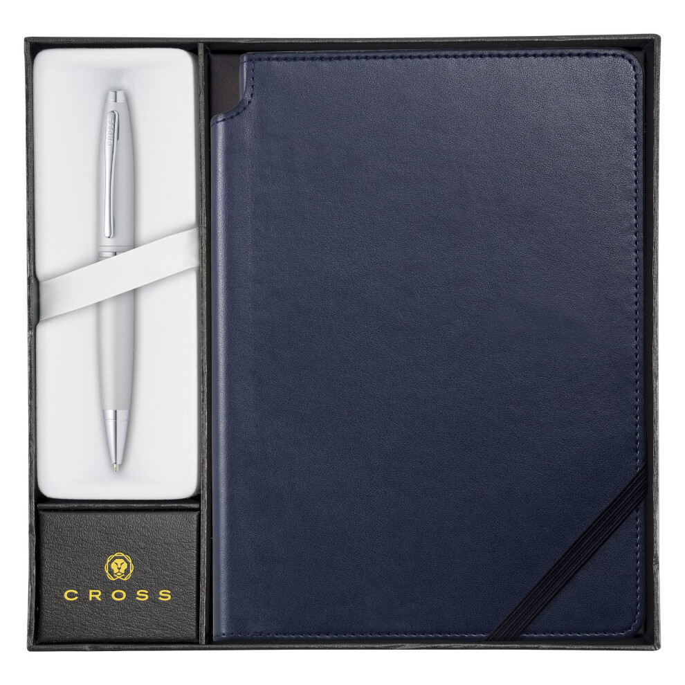 Cross Calais Satin Chrome Refillable Ballpoint Pen And Medium Lined Journal Gift Set Includes Premium Gift Box - Midnight Blue