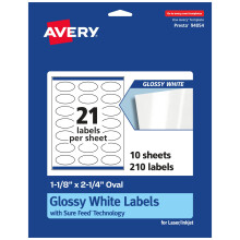 Etichette ovali bianche lucide Avery con alimentazione sicura 1-1/8"" x 2-1/4"""" 210 etichette bianche lucide Etichette adesive permanenti con stam