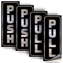 iSYFIX Letrero de pegatinas push-pull - Paquete de 2 2x5 pulgadas - Calcomana vertical autoadhesiva de vinilo plateado/negro cepillado para puer