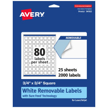 Etichette quadrate rimovibili Avery bianco opaco con tecnologia Sure Feed Stampa fino al bordo 3/4"" x 3/4"""" 2.000 etichette rimovibili Etichette
