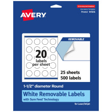 Avery matwitte verwijderbare ronde etiketten met Sure Feed-technologie Print tot aan de rand Diameter 1,5 inch 500 verwijderbare etiketten Laser/inkj