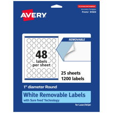 Etichette rotonde rimovibili Avery bianco opaco con tecnologia Sure Feed Stampa fino al bordo Diametro 1"""" 1.200 Etichette rimovibili Etichette s