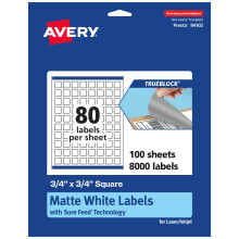 Etichette quadrate Avery TrueBlock bianco opaco con alimentazione sicura 0,75"" x 0,75"""" 8.000 conteggi Stampa fino al bordo Stampabile con laser/