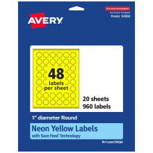 Etichette rotonde stampabili Avery con tecnologia Sure Feed Etichette giallo neon da 1"" di diametro Stampa fino al bordo tramite laser/getto d'in