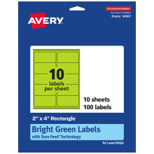 Etichette rettangolari stampabili Avery con tecnologia Sure Feed 2"" x 4"" Etichette verde brillante Laser/Inkjet 100 in totale Ottime per etichett
