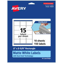 Avery TrueBlock Etiquetas rectangulares blancas mate con alimentacin segura 2"""" x 2-5/8"""" 150 etiquetas blancas mate Etiquetas imprimibles con l